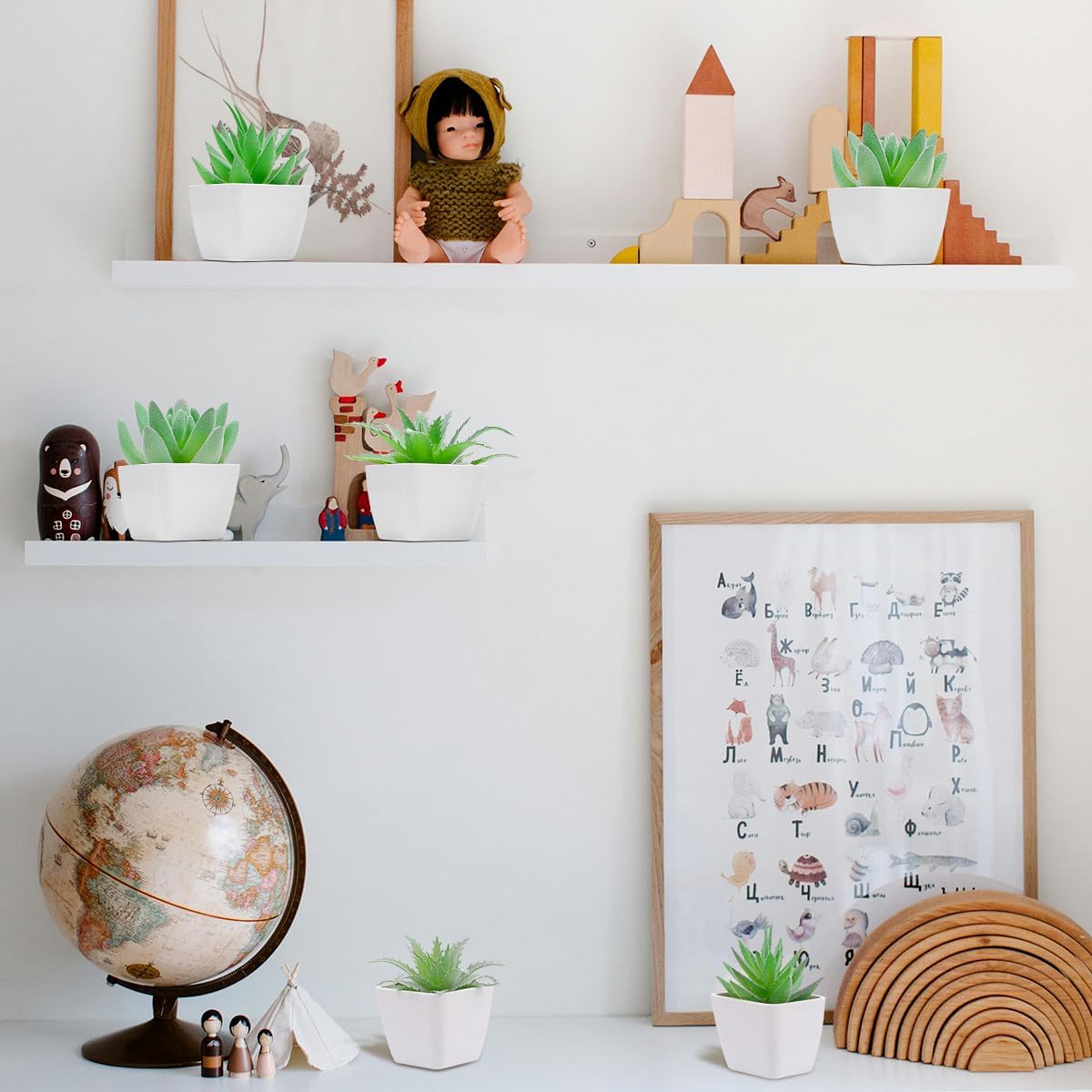 Woration 6pcs Faux Artificial Mini Flocking Succulent Plants in White Pots Fake Plastic Plants Topiaries for Shelf Table Windowsills Office Home Green Decoration