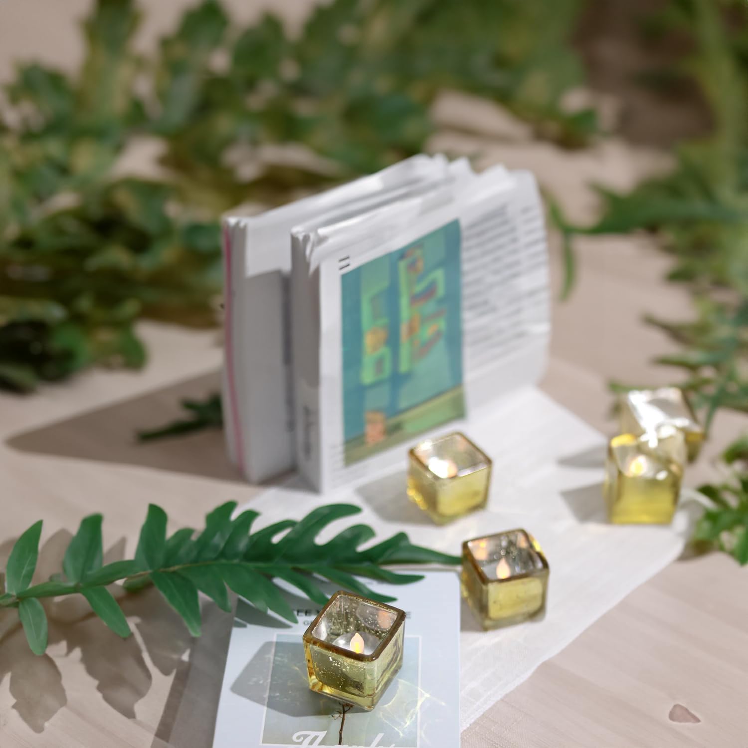 WGVI 24 Pcs Gold Speckled Square Glass Tea Light Votive Candle Holders, Width 2", Height 2", Small Cube CandleHolders Container Terrarium Tabletop Ambient Décor