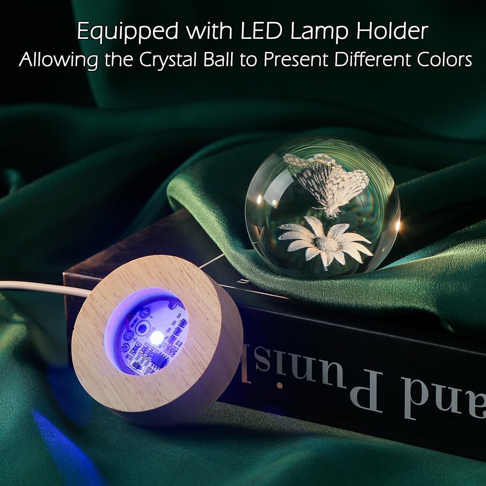 IFOLAINA 3D Butterfly Crystal Ball 60mm Gifts Ideas for Girlfriend Wife Mom Couple Her Christmas Butterfly on Sunflower in Glass Ball with Multicolor Lighting Base