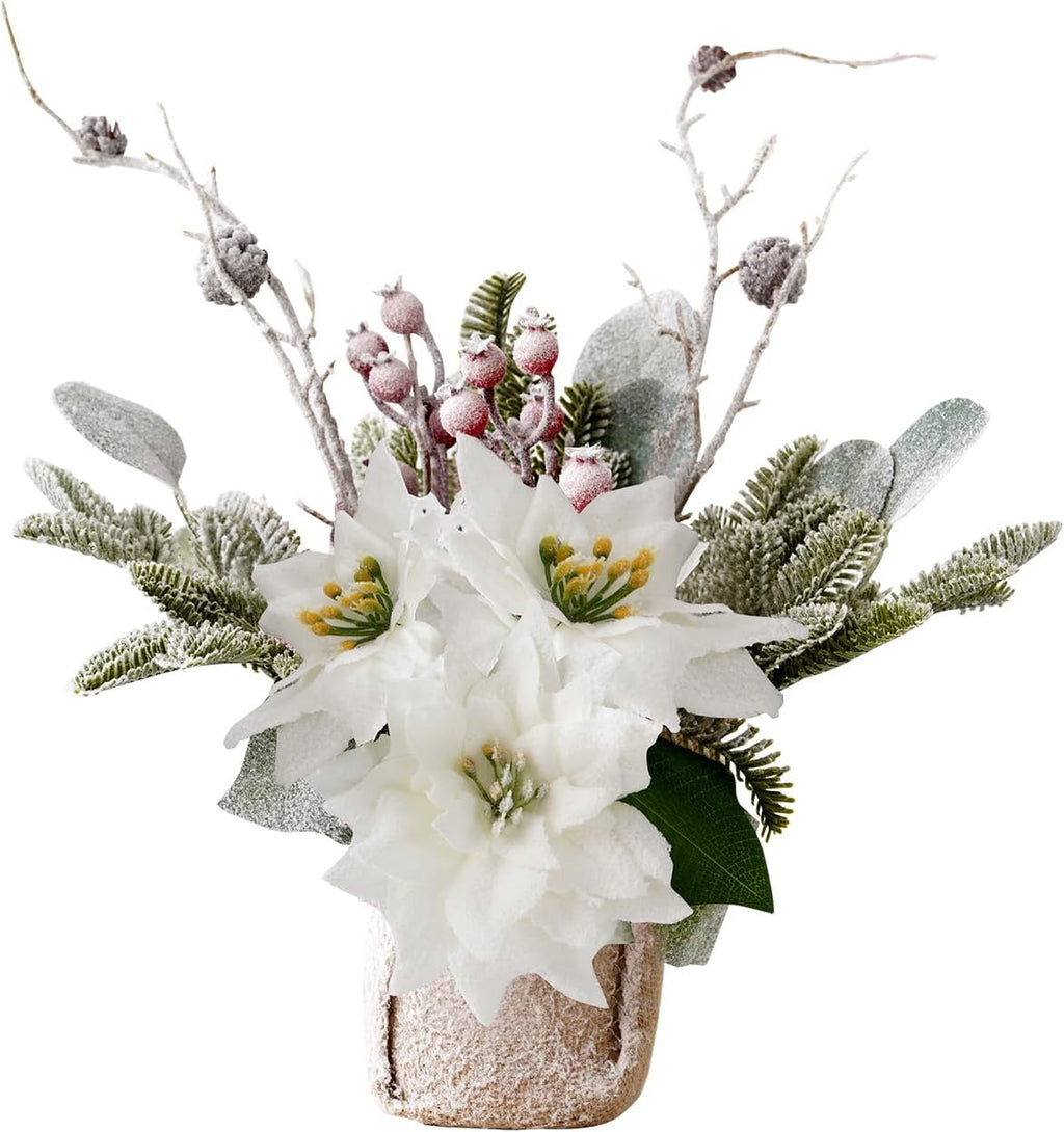 Artificial Poinsettias Christmas Flowers with Red Berry Pine Cone Branches Linen Base,12” Faux Poinsettias Plants for Home Office Table Fireplace Winter Indoor Christmas Decorations White