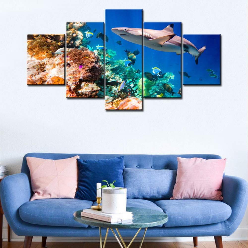 Shark and Small Fishes Wall Art Coral Reef Picture Marine Animal Framed Paintings for Living Room 5 Piece Prints on Canvas Underwater World Artwork House Decor Giclee Ready to Hang(60''Wx 32''H)