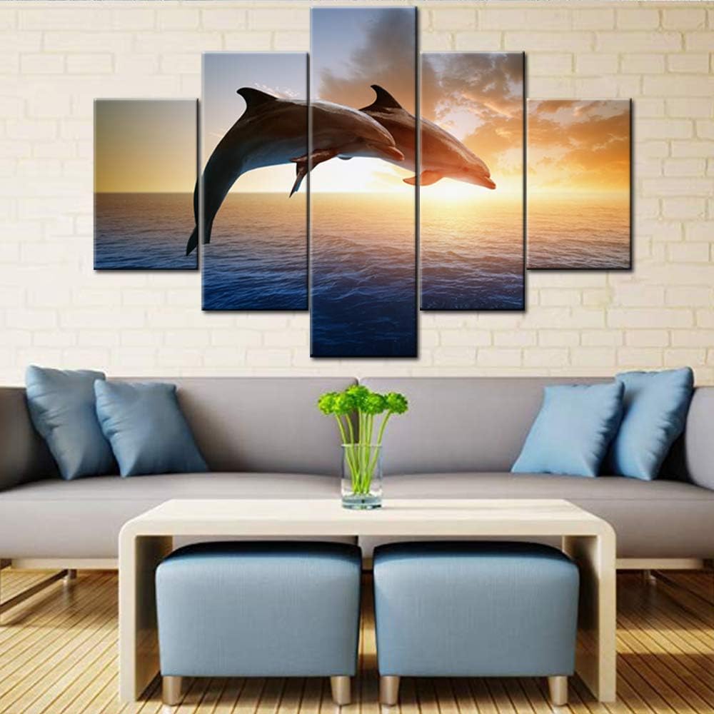 Fish Artwork for Walls Portraits of Dolphin Pictures Marine Sunset Paintings for Living Room 5 Panel Printed on Canvas Undersea Animal Wall Art Home Decor Stretched Framed Ready to Hang(60''Wx 40''H)