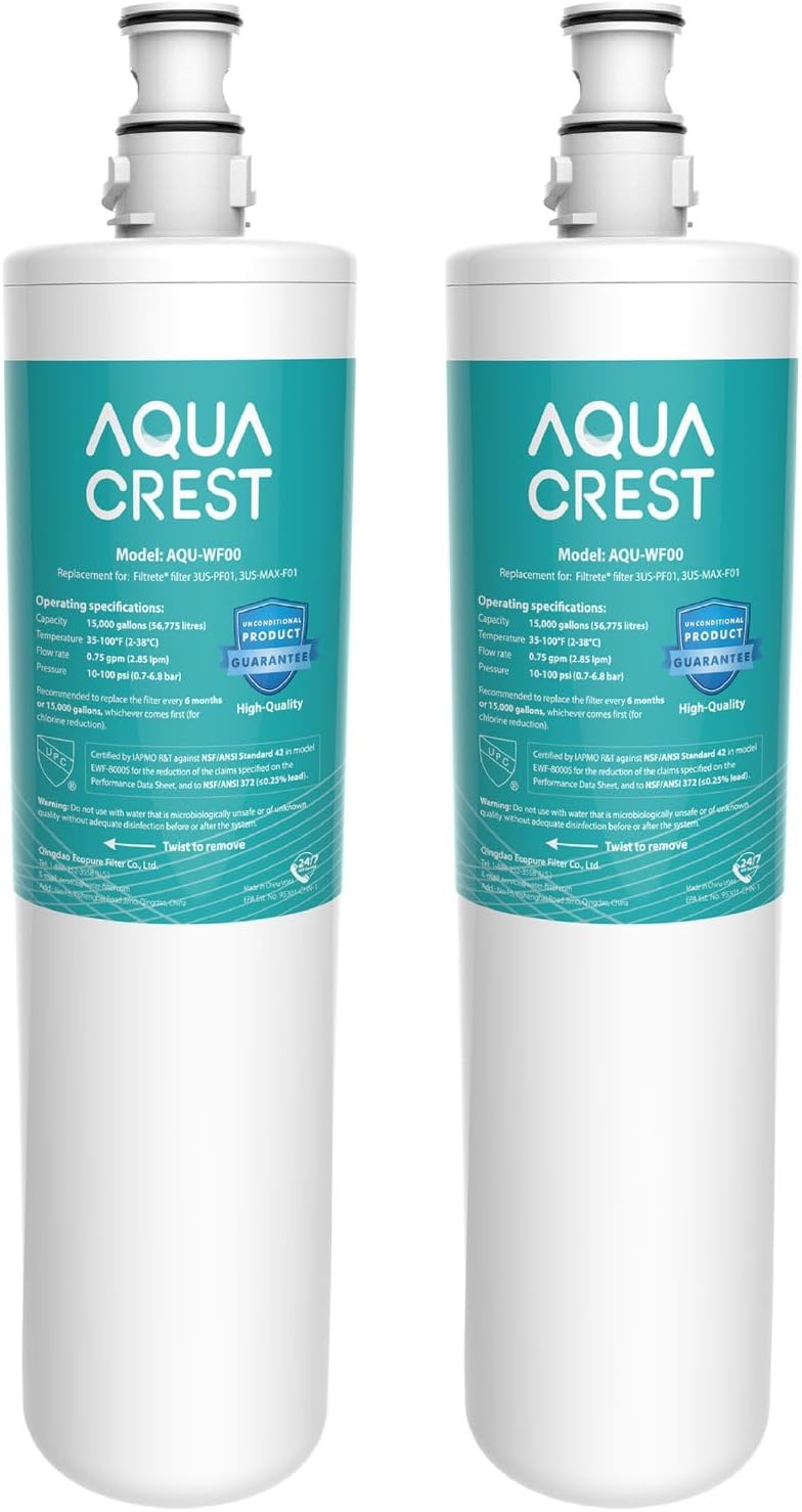 AQUACREST 3US-PF01 Under Sink Water Filter, NSF 42 Certified Replacement for Advanced 3US-PF01, 3US-MAX-F01H, 3US-PF01H, Delta RP78702, Manitowoc K-00337, K-00338 Water Filter (Pack of 2)