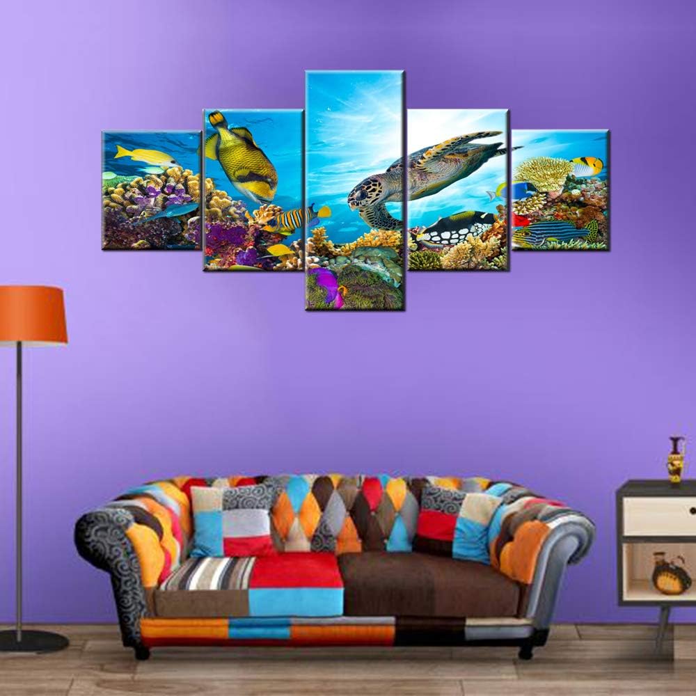 Underwater World Picture Turtle and Fish Paintings House Decoration Living Room Multi Panel Prints on Canvas Coral Reef Wall Art Contemporary Artwork Stretched Framed Giclee Ready to Hang(50''Wx24''H)