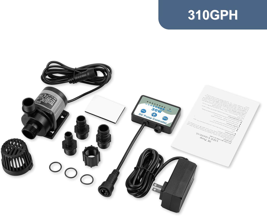 310GPH Nano Aquarium DC Pump With Controller,12W Small DC24V Return Pump for small fish tank,5ft max lift,submersible and inline mini water pump for saltwater and fresh water