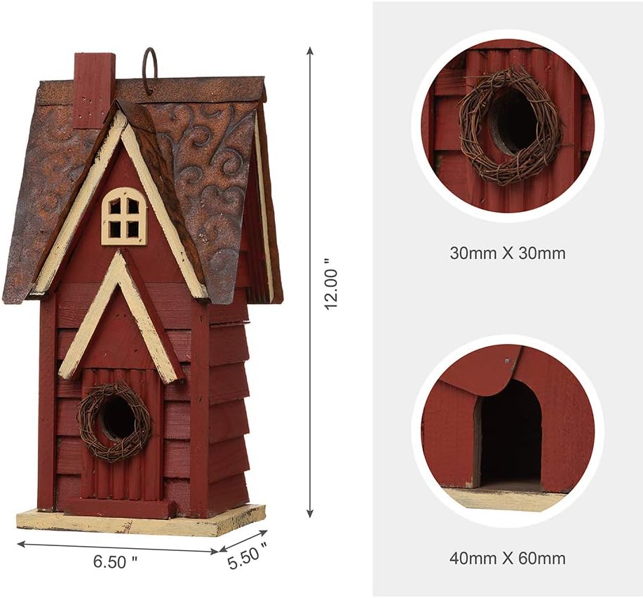 Glitzhome Solid Wood Distressed Cottage Garden Birdhouse Hanging Bird House for Outdoors 12" H,Red