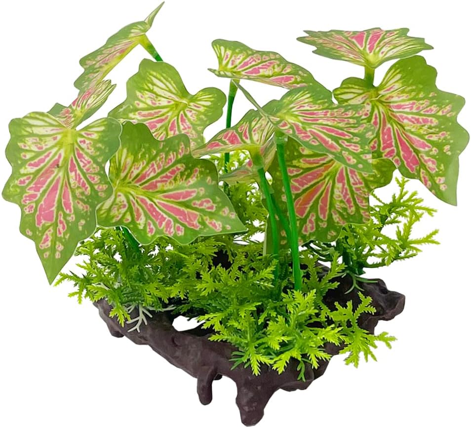 Smoothedo-Pets Aquarium Plant Fish Tank Decoration Small Plastic Artificial Plant Goldfish Fish Hide (Rainforest Leafs-Pink-Small-Set)