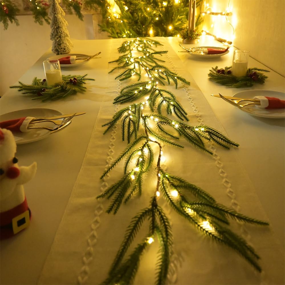 2025 New Christmas Norfolk Garland Lights 6.56FT Pine Garlands 96 LED 8 Flash Modes Battery Operated Xmas Garland Lights with Timer Lighted Christmas Decorations for Mantle Fireplace Door Home Holiday