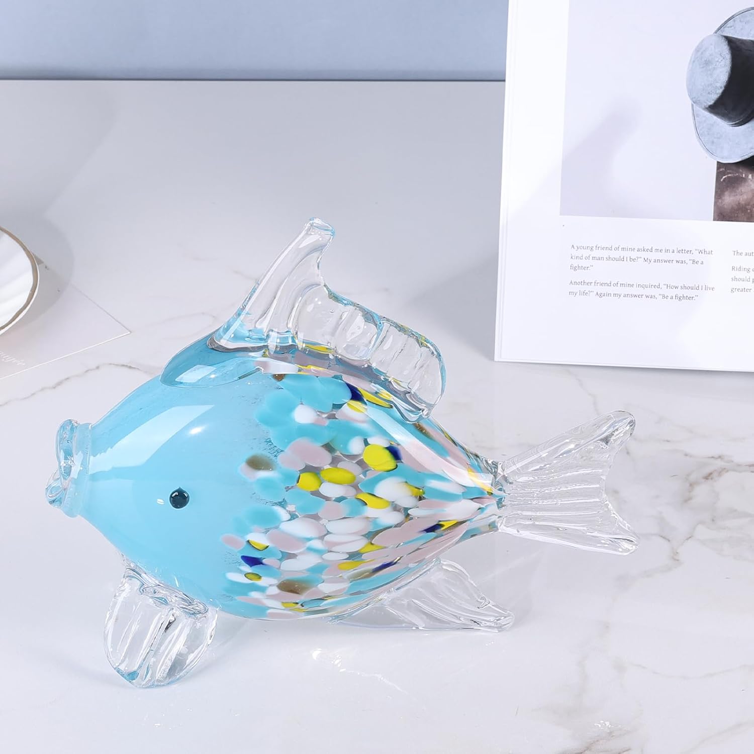 LCCCK Large Hand Blown Glass Fish Figurines, Aquarium Sea Glass Art, Fish Statue Sculpture Modern Coastal Accent - for Beach Knick Knacks, Coffee Tables, Nautical Offices Centerpiece (Colorful Blue)