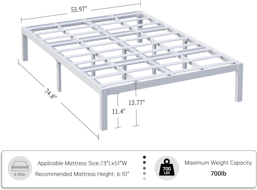 14 Inch Bamboo Bed Frame – Solid Wood Platform Bed Frame, Strong and Stable, with Non-Slip Slats for Support, No Box Spring Needed, Easy to Assemble, Noise-Free (White, Full)