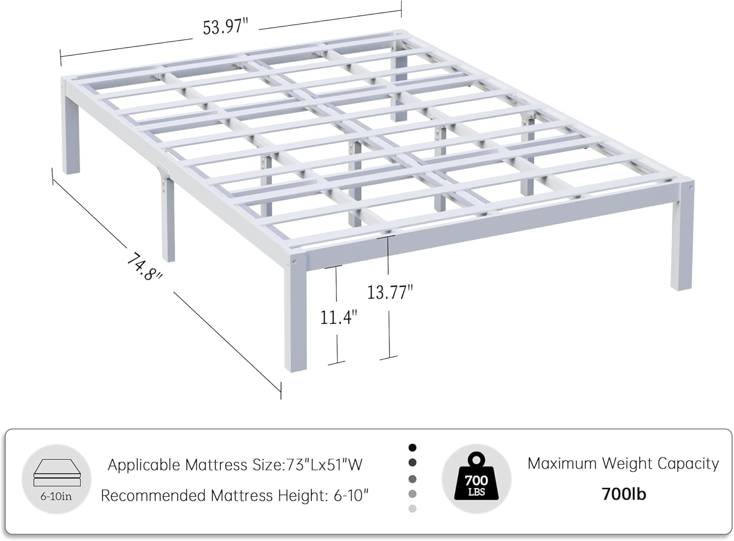14 Inch Bamboo Bed Frame – Solid Wood Platform Bed Frame, Strong and Stable, with Non-Slip Slats for Support, No Box Spring Needed, Easy to Assemble, Noise-Free (White, Full)