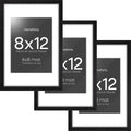 Homeforia 8x12 Black Picture Frame, High End Oak 8 x 12 Wood Frames with Mat 6 by 8 Print, 8by12 Wooden Frame Matted to 6x8 inch Photo, 12x8 Wall or Tabletop Frames, Tempered Glass, Wall Kit, Set of 3
