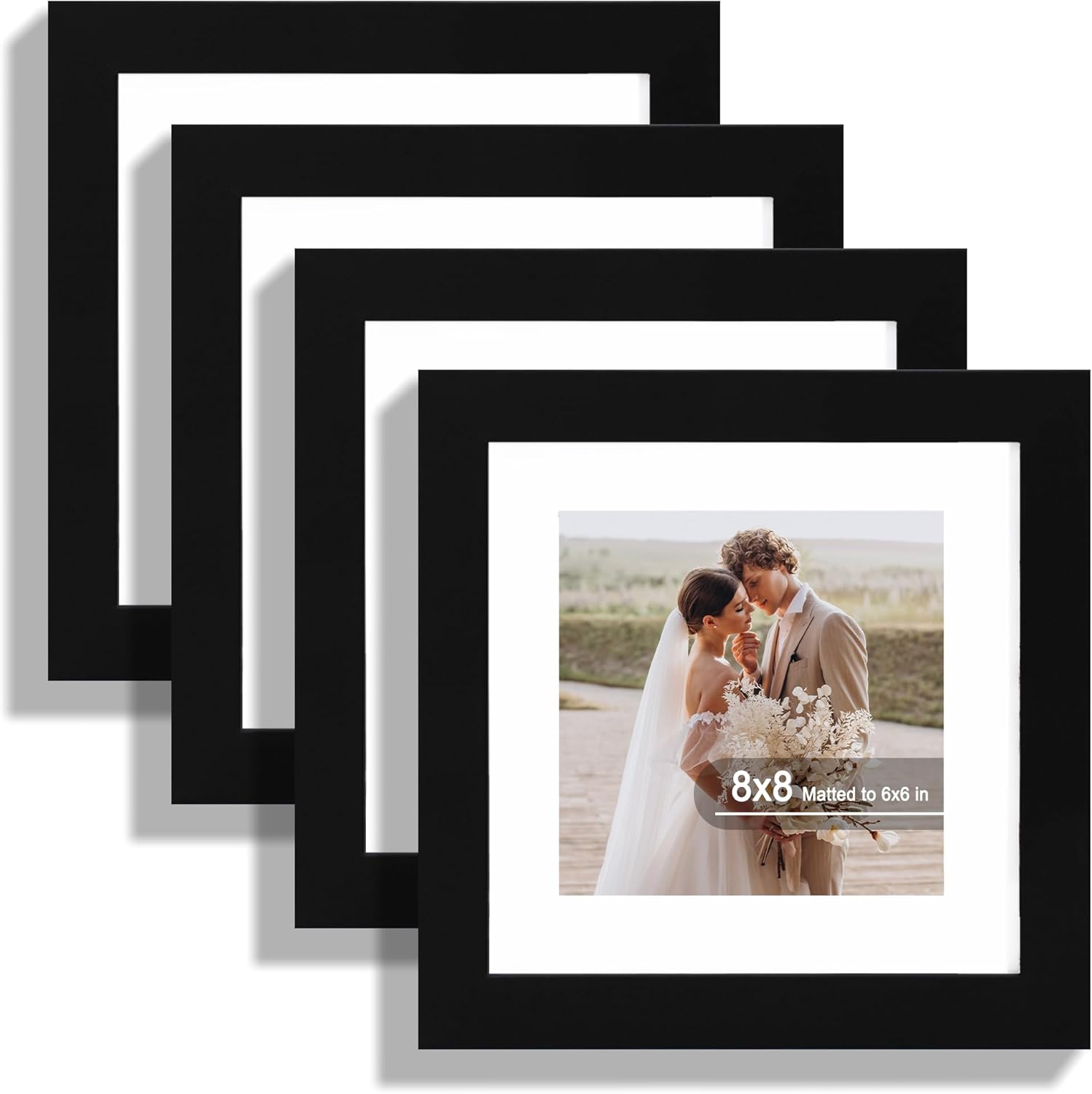 8x8 Picture Frames Set of 4, Made of Real Glass and Black Wooden Frame - Display Picture 6x6 with Mat or 8 x 8 Without Mat, 8 by 8 Photo for Wall or Tabletop