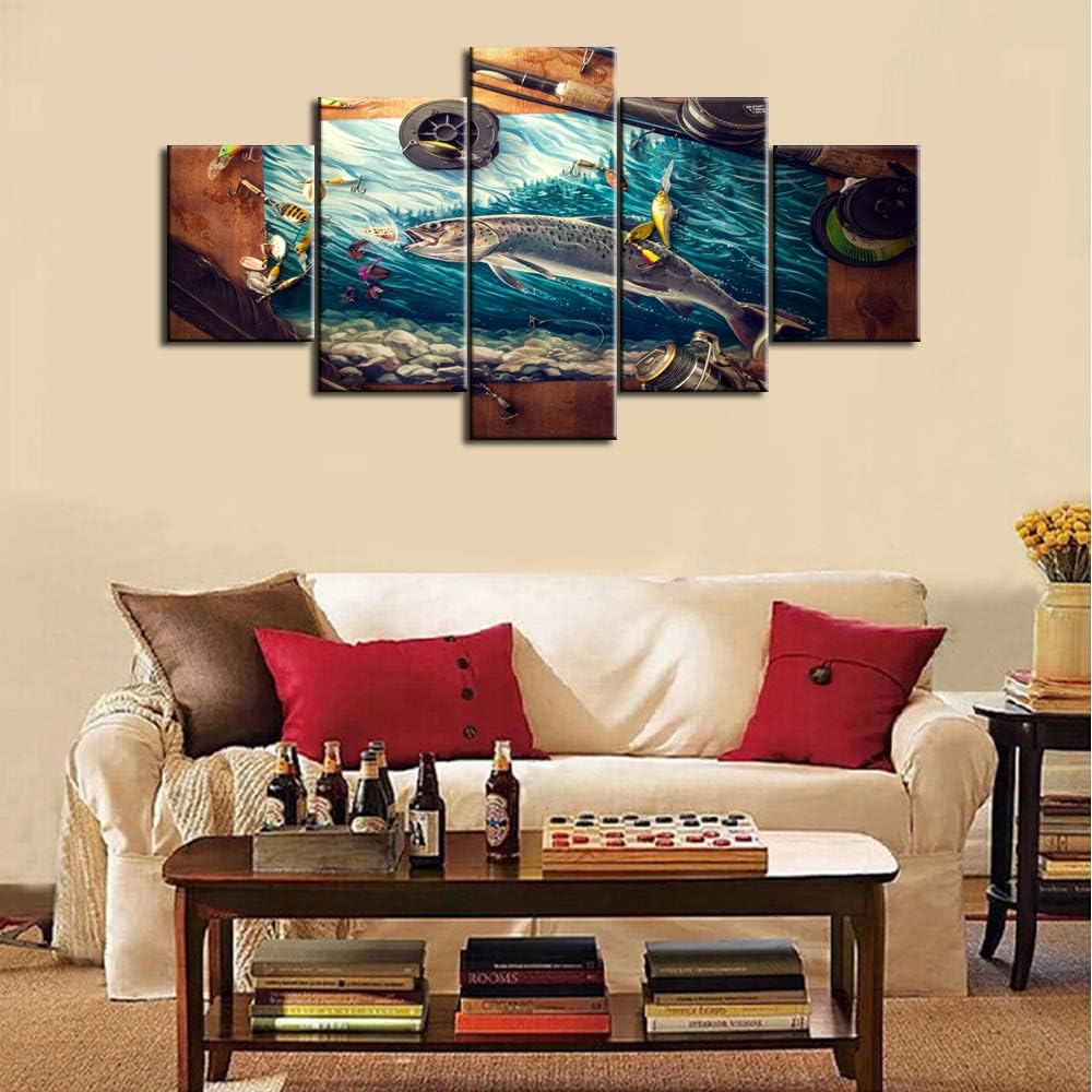 TUMOVO 5 Piece Wall Art Fishing Accessories Pictures Fish Hook Paintings for Living Room Ocean Wave Artwork Printed on Canvas Home Modern Decor Giclee Framed Stretched Ready to Hang (60”X32”)