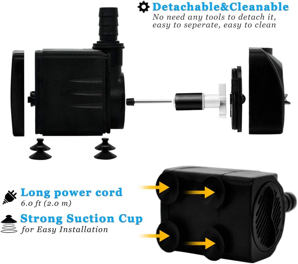 PULACO 160GPH Small Fountain Pump, Ultra Quiet Submersible Water Pump (600L/H, 10Watt) with 3.3 ft Tubing for Aquariums, Pond Fountain, Water Feature, Indoor Fountains