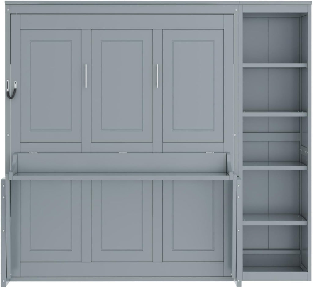 MERITLINE Full Murphy Bed with Desk and Storage Shelves,Wood Hideaway Murphy Wall Bed with Storage Bookcase for Adults (Grey,Full)