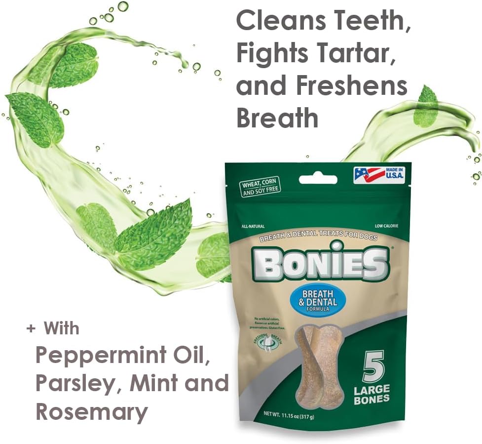 Bonies Natural Breath and Dental Formula Large-Sized Single Bone - All-Natural Ingredients, Fresh Breath, Cleans Teeth, Low Calories, Chicken Flavor, [Large Dogs], 5 Bones