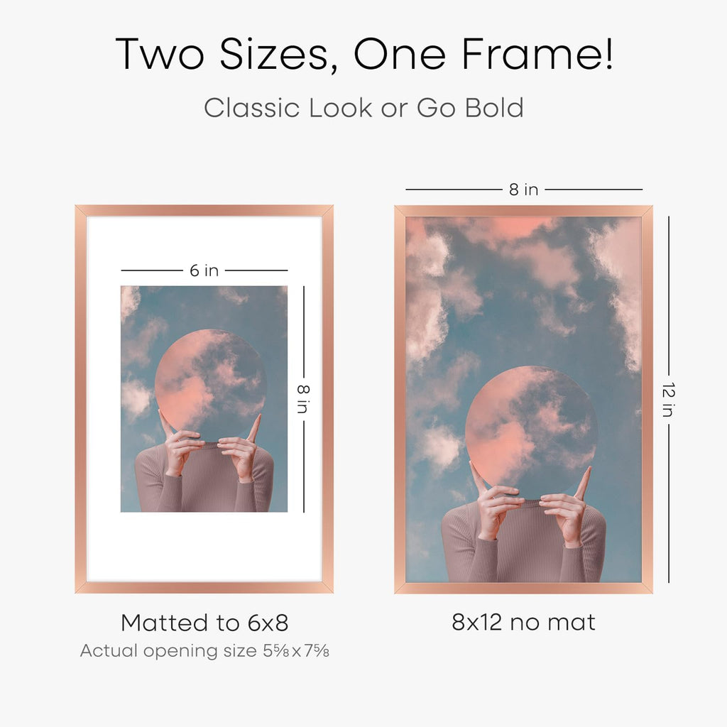 Homeforia 8x12 Picture Frame Rose Gold, High End Metal 8 x 12 Poster Frames with Mat 6 by 8 Photo, 12x8 Frame Matted to 6x8 inch Print, 8by12 Wall or Tabletop Frame, Tempered Glass, Wall Kit, Set of 1