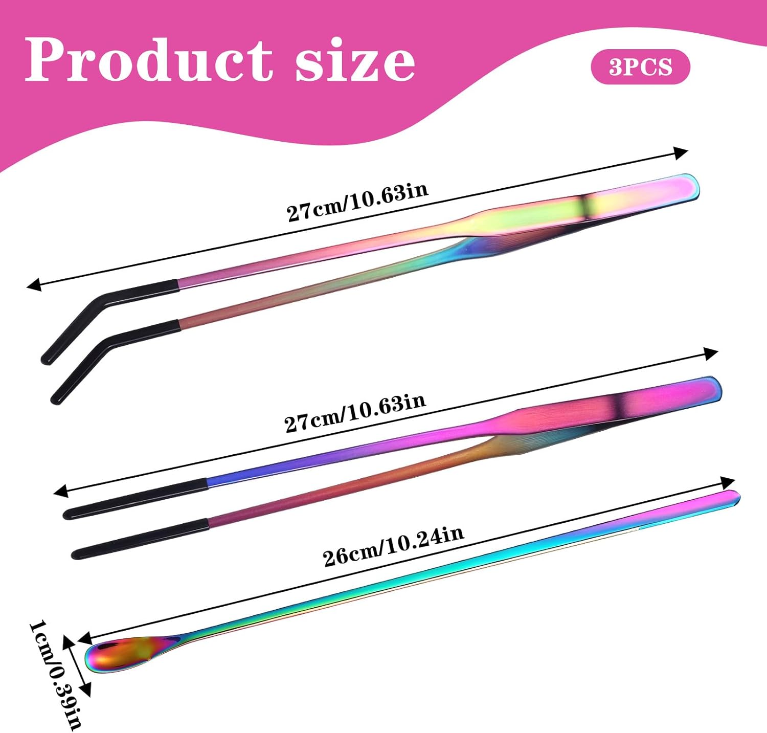 3PCS Stainless Steel Reptile Feeding Tongs with Rubber Tip, 10.6" Straight Curved Long Tweezers, Extra Long Aquarium Tweezers for Bearded Dragons, Lizards, Terrarium Tank Supplies