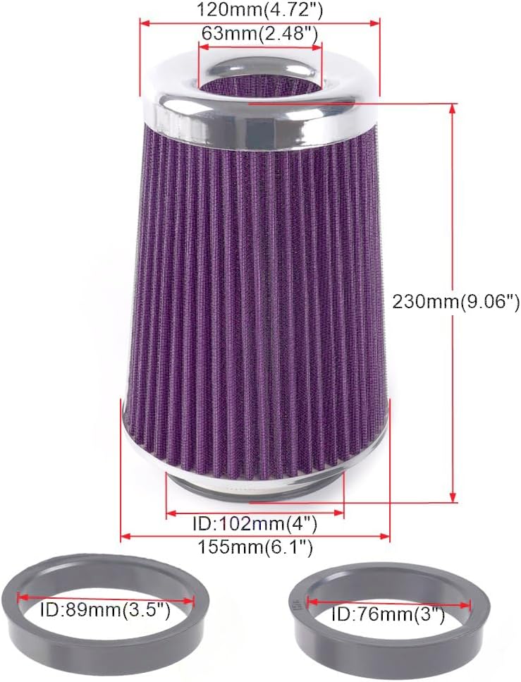 4-Inch Cold Air Intake Filter - Washable, High Performance, 3" or 3-1/2" or 4" Clamp-On Replacement Air Filter Purple (8" Tall)