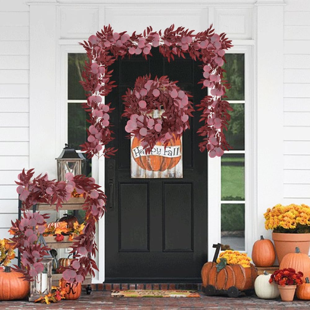 RECUTMS 2Pcs Artificial Eucalyptus Garlands with Willow Leaves 6.6Ft Faux Hanging Eucalyptus Willow Vines Fall Rattan Thanksgiving Christmas Party Wedding Table Centerpiece Fireplace Decor(Burgundy)