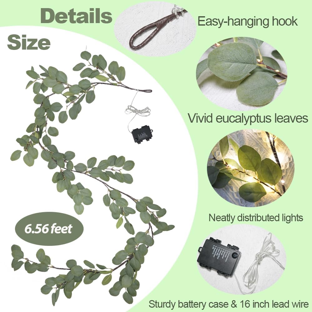 6.56FT Eucalyptus Garland with Lights 96 LEDs 8 Modes Battery Operated with Timer Faux Twig Vine Lights Spring Greenery Garlands for Mantle Fireplace Wall Table Stairs Wedding Party Bedroom Home Decor