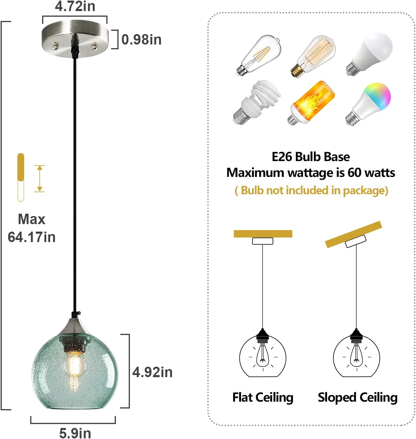Light Green Glass Pendant Lights Kitchen Island Globe Pendant Light Fixtures Modern Pendant Lighting for Bedroom Living Dining Room Light Fixture (5.9 in, 3 Pack)