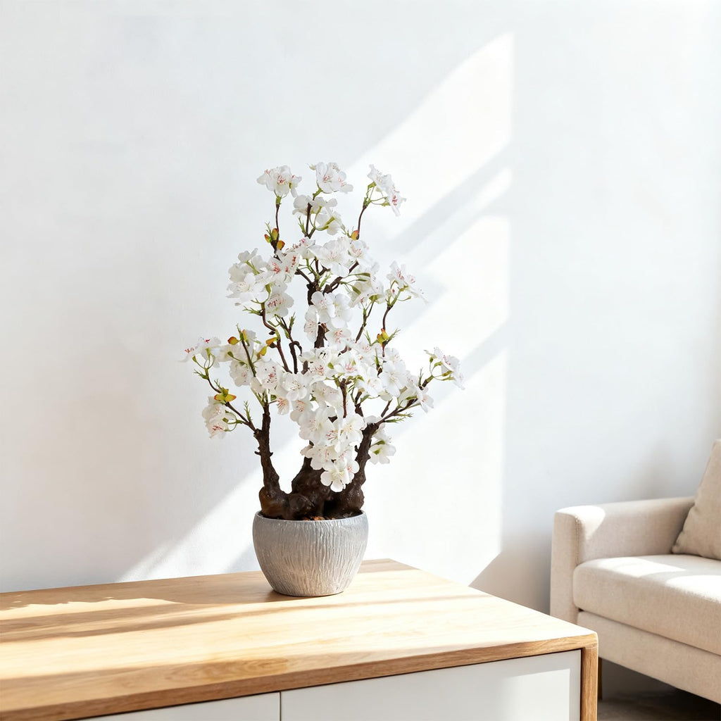 TOARTi Artificial White Cherry Blossom Potted Plant with Stone Pot, 17.7" Bonsai Tree Fake Flowers Faux Plants Desk Plant, Realistic Plants Indoor Decor for for Home Bedroom Bathroom Office Desk