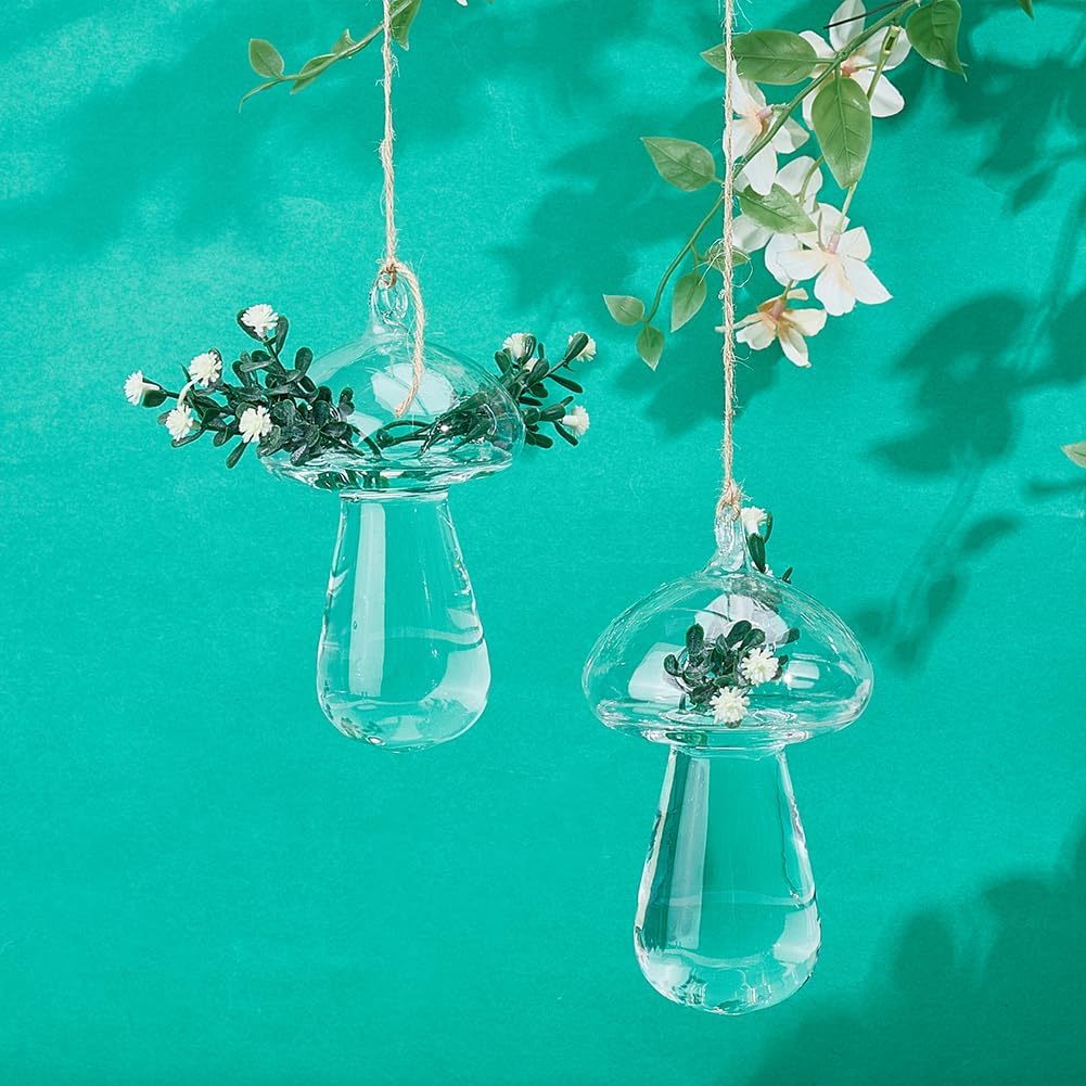 4pcs Glass Hanging Planter Air Fern Holder Hanging Hydroponic Vases with Jute Rope Terrarium Plants Hanger Vase Succulent Planter Terrariums for Moss Air Plants Christmas Decor (Mushroom)