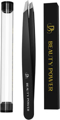 Professional Ultra-Precision Slant Tweezers for Women Facial Hair - German Stainless Steel, Tweezers for Men & Women, Black Eyebrow Tweezer for Ingrown Hair - Black