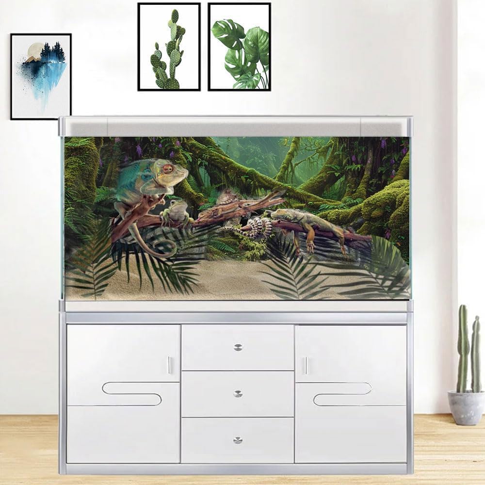 Tropical Forest Aquarium Background, Green Huge Tree Reptile Habitat Rainforest Terrarium Background, 6 EVA Double-Sided Tapes 36x18 inches/90x45