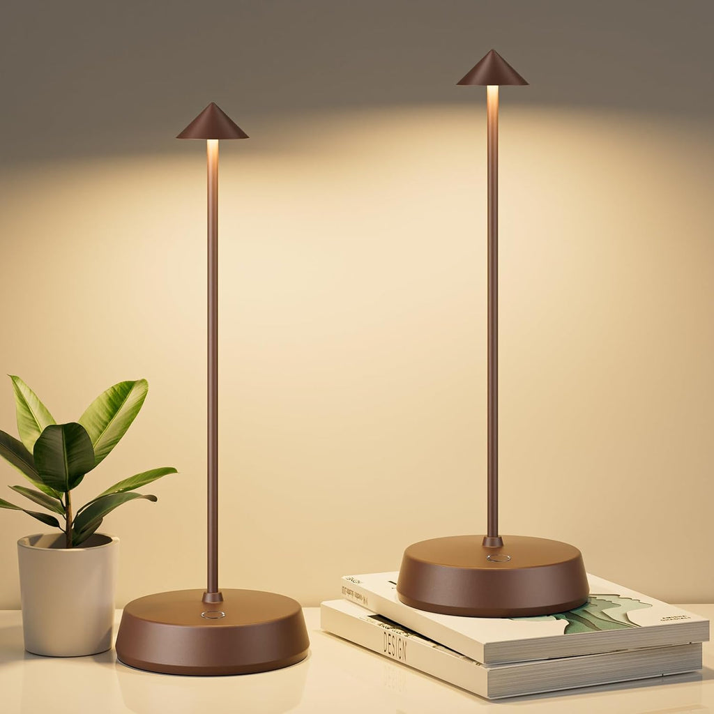 Cordless Table Lamp Rechargeable, Battery Operated 6000mAh Desk Lamp Touch Dimmable Lamp Outdoor Waterproof Portable Wireless Table Light, Small Table Lamp for Restaurant Bar/Outdoor (Brown-2PC)