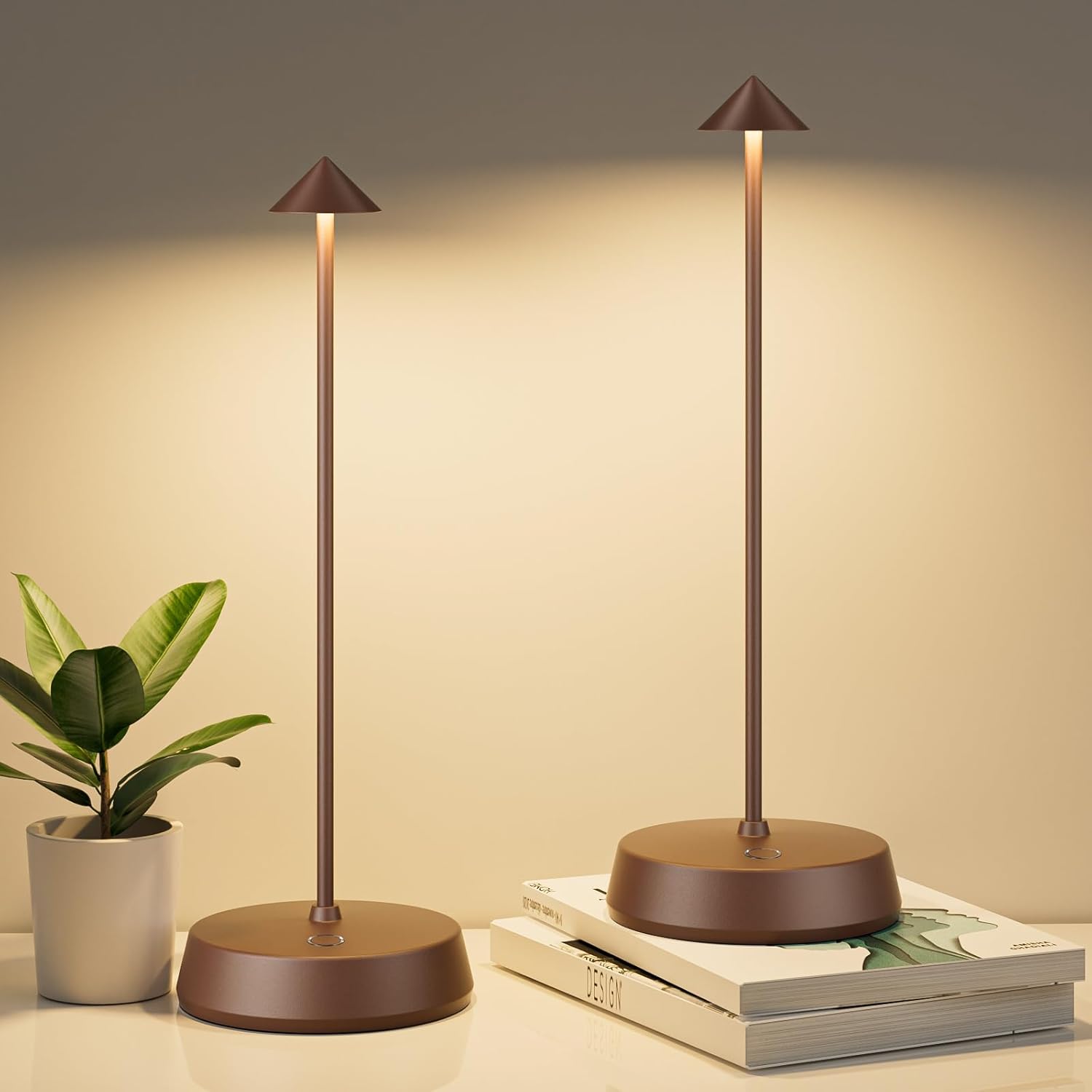 Cordless Table Lamp Rechargeable, Battery Operated 6000mAh Desk Lamp Touch Dimmable Lamp Outdoor Waterproof Portable Wireless Table Light, Small Table Lamp for Restaurant Bar/Outdoor (Brown-2PC)