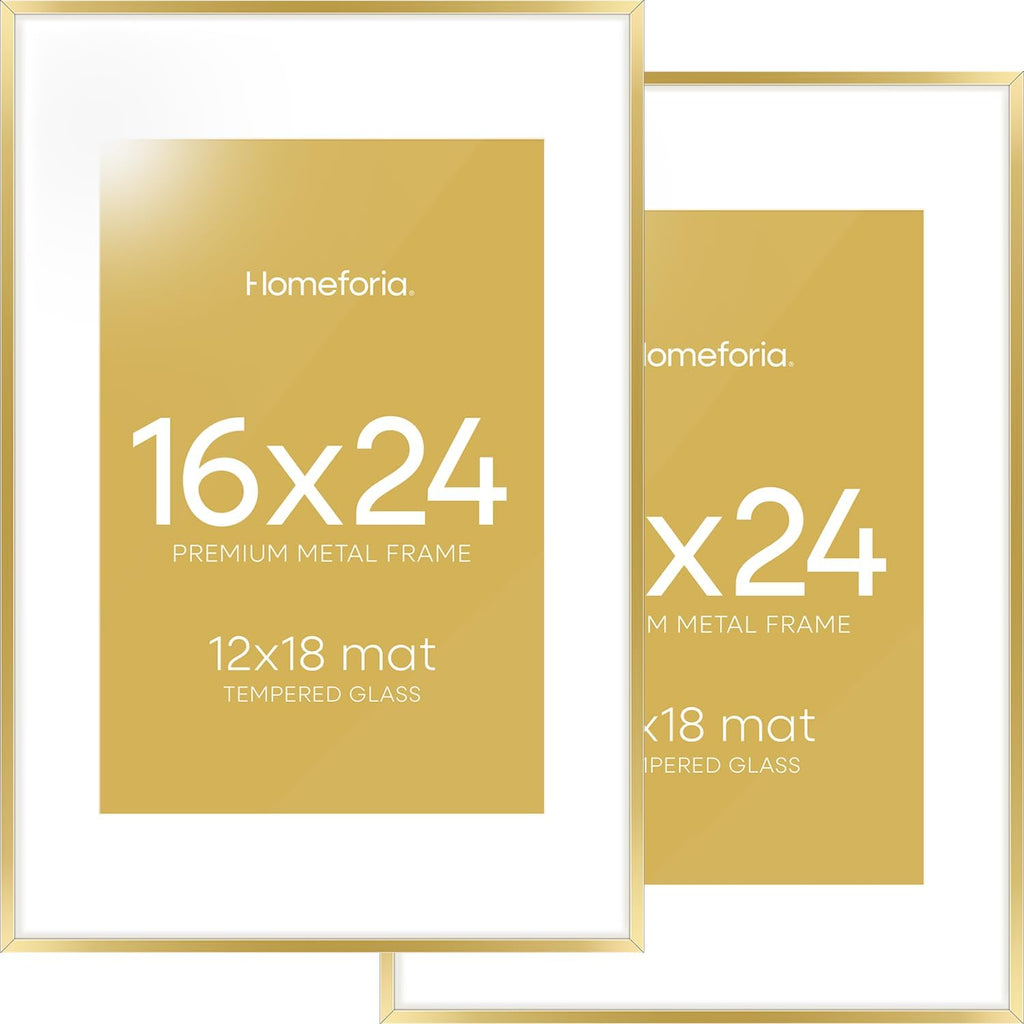 Homeforia 16 x 24 Picture Frame Gold, High End Metal 16x24 Poster Frames with Mat 12x18 Photo, 16 x 24 Gold Frame Matted to 12 by 18 Print, 24x16 Thin Hanging Frame, Tempered Glass, Wall Kit, Set of 2