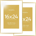 Homeforia 16 x 24 Picture Frame Gold, High End Metal 16x24 Poster Frames with Mat 12x18 Photo, 16 x 24 Gold Frame Matted to 12 by 18 Print, 24x16 Thin Hanging Frame, Tempered Glass, Wall Kit, Set of 2