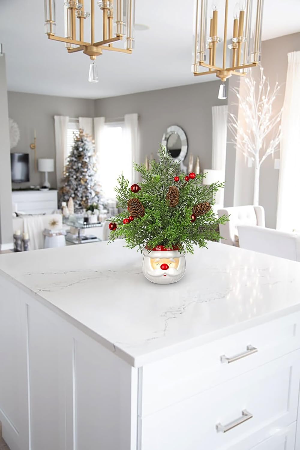 Hollyone Small Christmas Tree Cedar 10" Tabletop Snowman Potted Plants with Vase Artificial Mini Xmas Tree Decorations Plant with Christmas Ball Ornaments Berries Pine Cones Slim Tree Party Home Decor