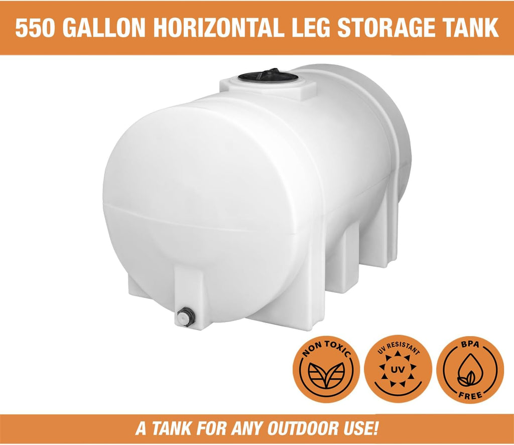 RomoTech 550 Gallon Polyethylene Storage Tank with Legs–Heavy-Duty Horizontal Water Storage Tank for Farms, Industrial or Chemical Use–UV-Resistant, Rustproof, BPA-Free Plastic Liquid Tank, 821242659