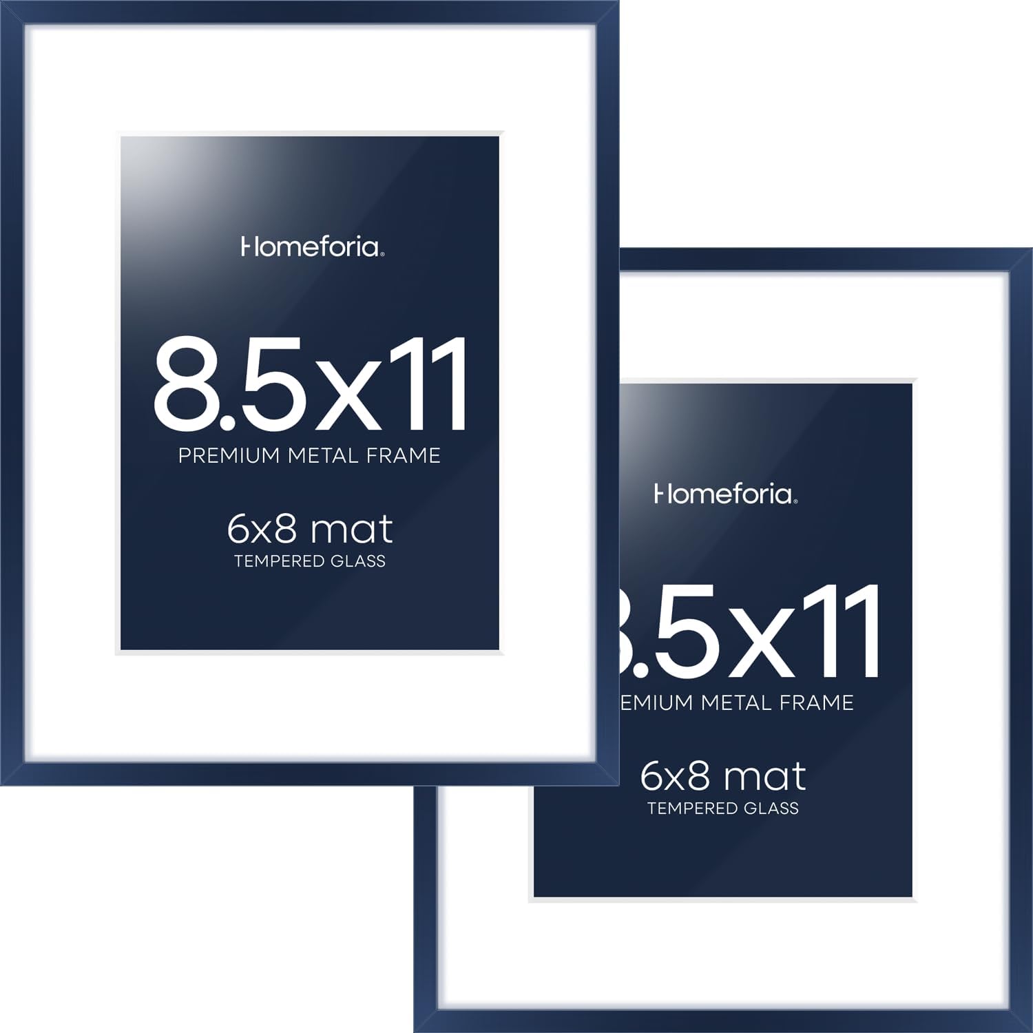 Homeforia 8.5x11 Navy Blue Frame, High End Metal 8.5 x 11 Picture Frames with Mat 6 by 8 inch Photo, 11x8.5 Poster Frame Matted to 6x8 Print, Wall or Tabletop Frame, Tempered Glass, Wall Kit, Set of 2