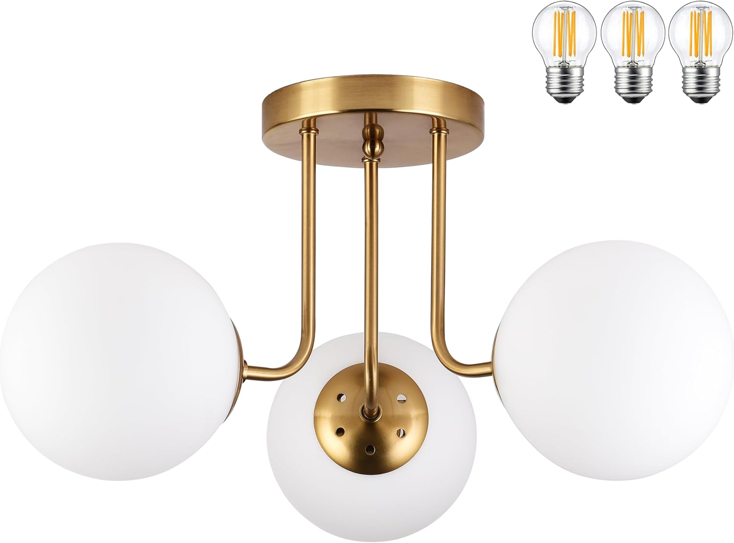 KoKo&Yukina 3-Light Semi Flush Mount Ceiling Light Globe Ceiling Light Mid Century Ceiling Light with Opal Milk Glass Globe & Brushed Brass for Bedroom Hallway Entryway Kitchen Living Room-Bulb Incl