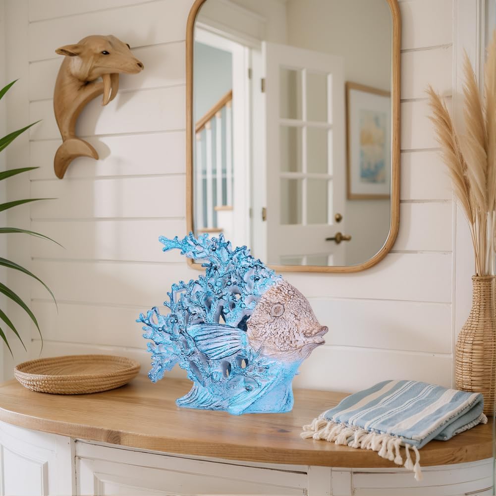 Beach Coastal Decor – 9.8in Turquoise Coral Reef Angelfish Figurine, Modern Nautical Ocean Sculpture Centerpiece for Living Room, Bathroom, Shelf, Coffee Table, Office or Beach House Gift
