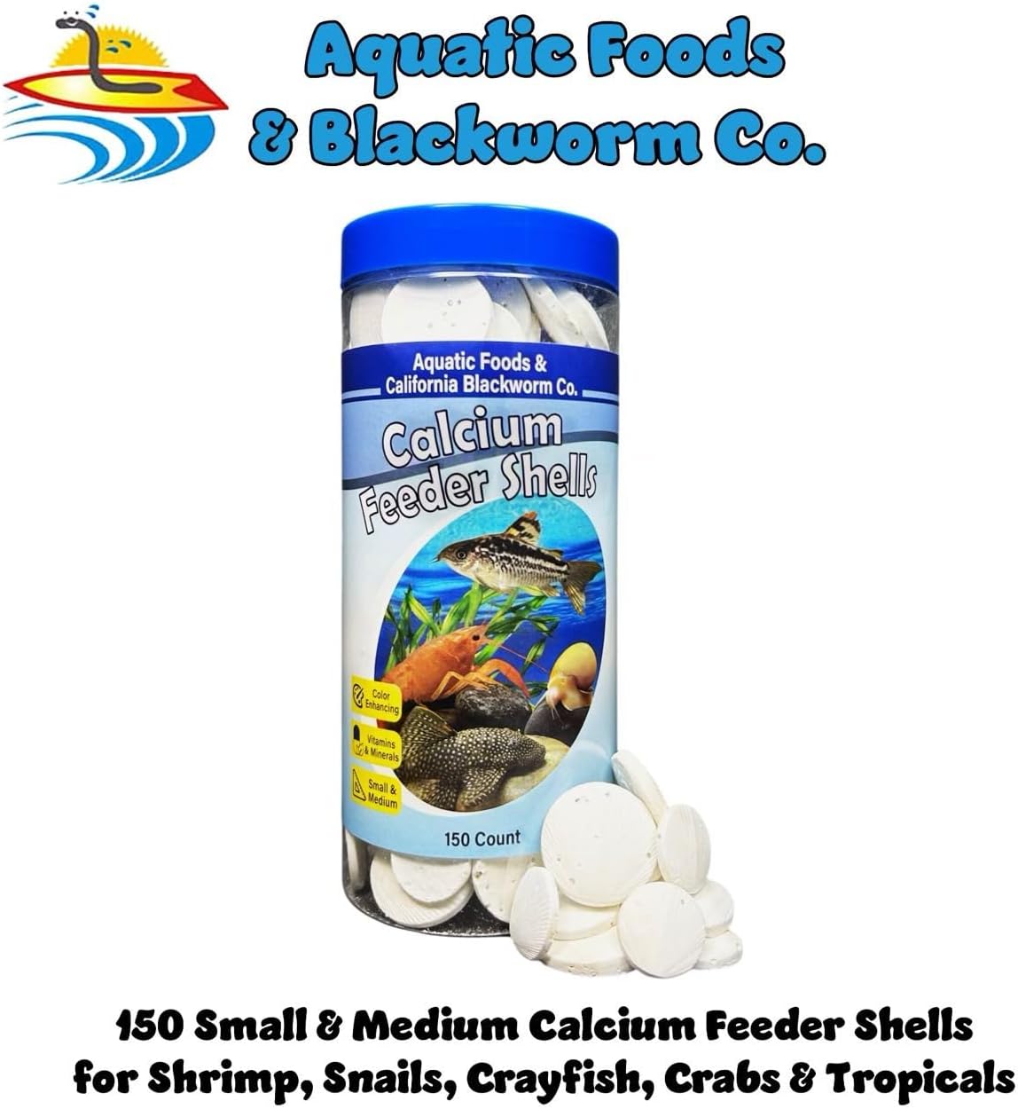Aquatic Foods Inc. Calcium Feeding Shells, Small & Medium for Shrimp, Snails, Crabs, Crayfish, Plecos, Catfish, All Tropical Fish, 4-Type Wafer & 12-Type Pellet Mix Included 150 Count Canister