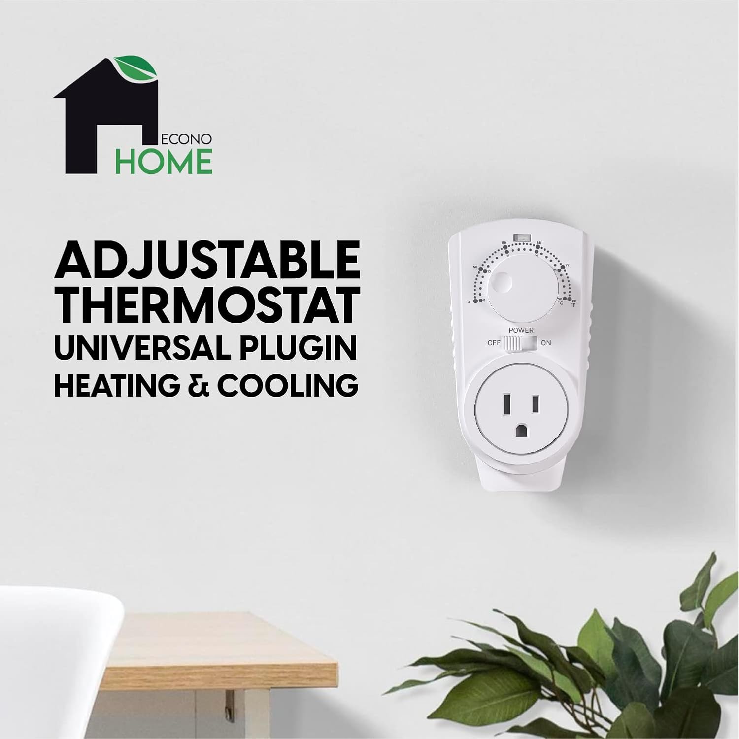 EconoHome Adjustable Thermostat - Universal Plugin Heating & Cooling Thermostat - Compatible with Most EconoHome Wall Mount Space Heaters