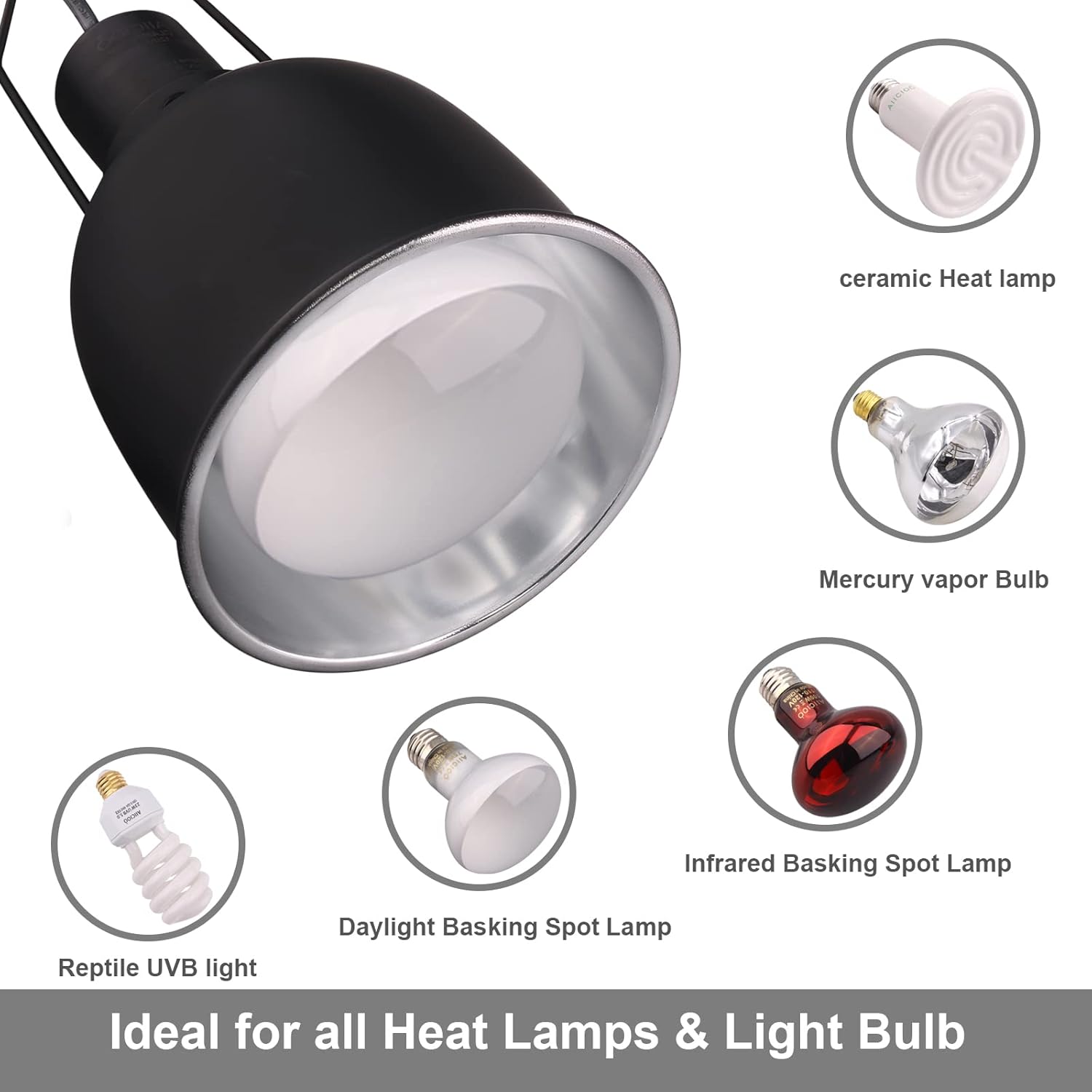 Aiicioo Reptile Light Fixture - Deep Light Dome 5.5Inch UVB Reptile Heat Lamp Reptile Light Fixture Max 100W Tortoise Leopard Gecko Snake Bearded Dragon
