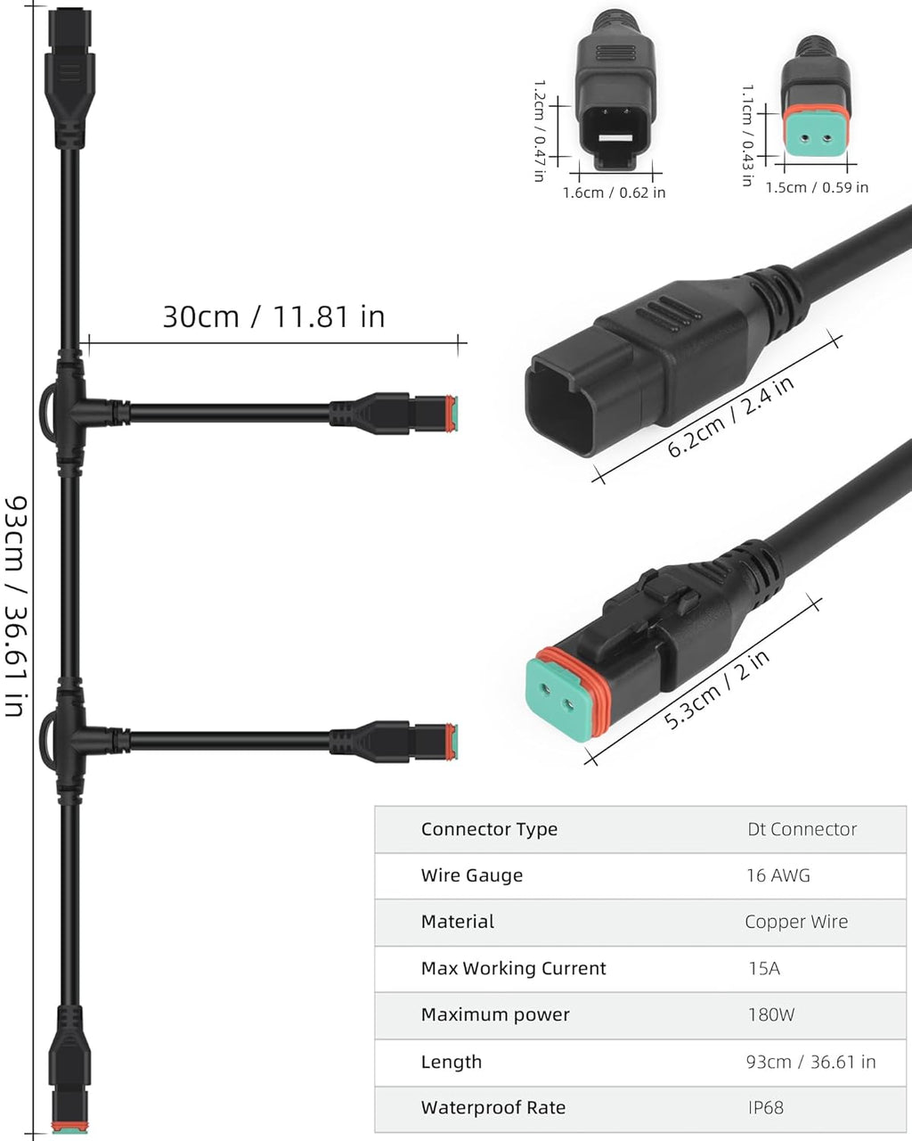 3 in 1 3ft Wiring Harness Extension Kit, Deutsch Dual DT Adapter Connector Splitters,Retrofit Plug and Play DT Connector Waterproof for Offroad LED Light Bar, Work Light, Fog Lights