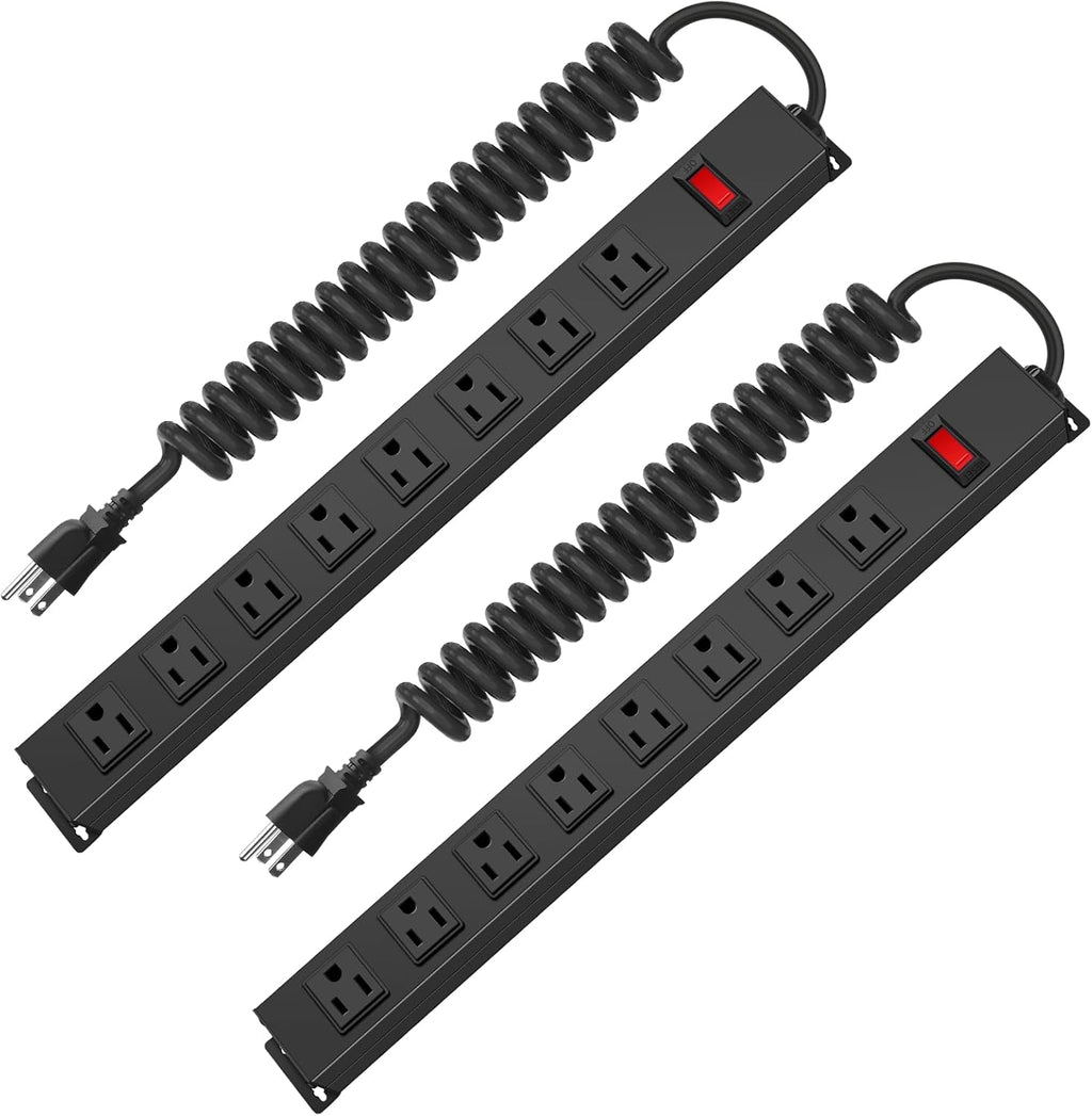 HHSOET 2 Pack 8 Outlet Metal Wall Mount Power Strip, Surge Protector Long Power Strip with Switch, Heavy Duty Wide Spaced Surge Protector, 6 FT SJT 14AWG Black Spring Cord.