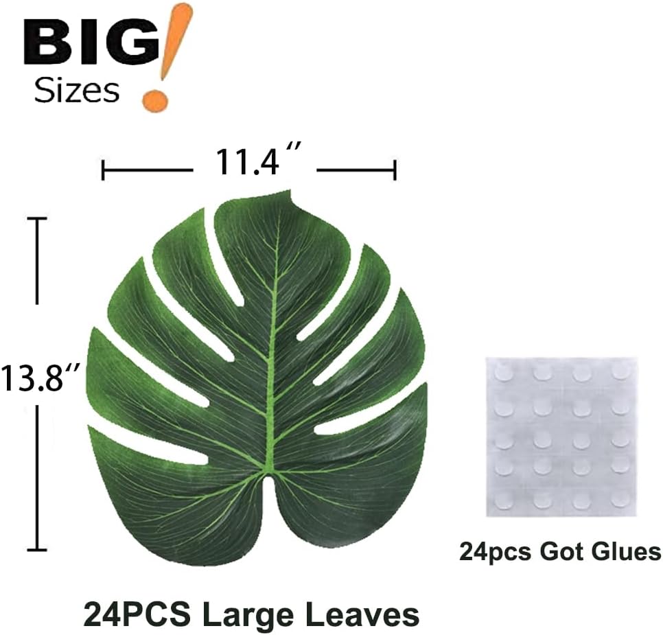 Artificial Palm Leaves, 24PCS Extra Large 14" Tropical Monstera Fake Leaves for Hawaiian Luau Jungle Safari Birthday WeddingTheme Party Table Wall Decorations