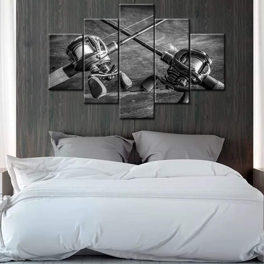 Black and White Pictures Angling Tools Paintings Fishing Sports Wall Art 5 Panel Printed on Canvas Grey Artwork for Living Room Rustic Home Decor Framed Ready to Hang Poster and Prints(60''WX40''H)