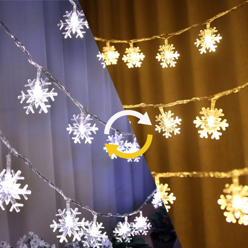 WesGen Christmas Lights,Color Change Snowflake String Lights Battery Operated Waterproof 20ft, 40LED for Xmas Garden Patio Bedroom Party Decor Christmas Decorations,Eight Modes, Warm White & White