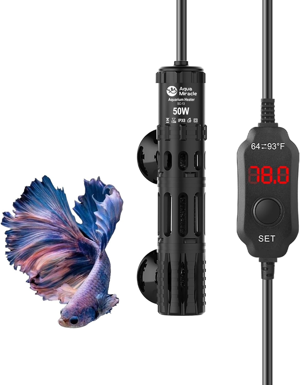 AquaMiracle Aquarium Heater with LED Digital Display Thermostat, Adjustable Fish Tank Heater with Protective Housing, Fish Heaters Turtle Tank Heaters for 5-10 Gallon Tanks(50W)