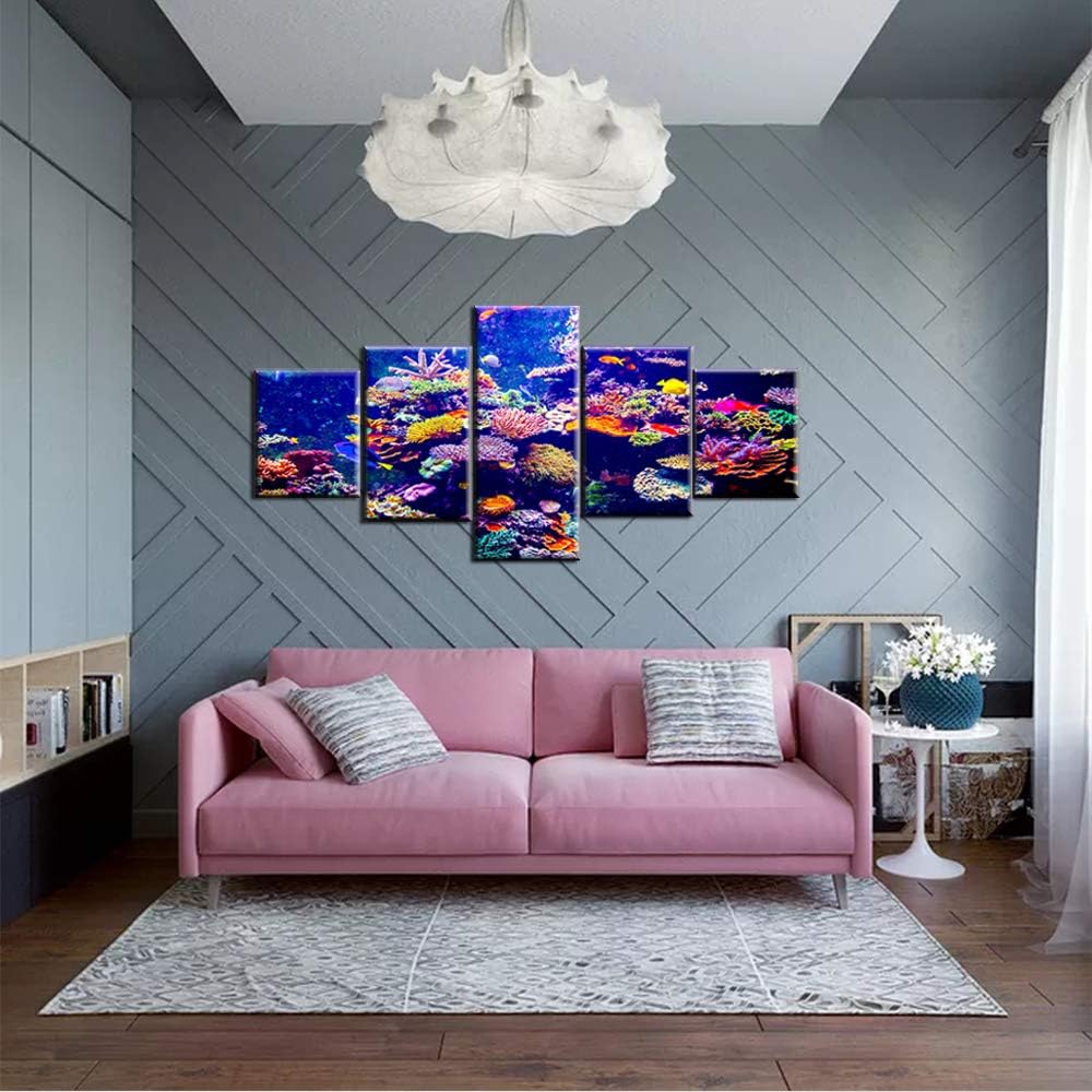 Purple Coral Reef Pictures Undersea Plants Paintings for Living Room Artwork for Walls Small Fishes Wall Art 5 Panel Printed on Canvas Gallery-Wrapped House Decor Framed Ready to Hang(50''Wx24''H)